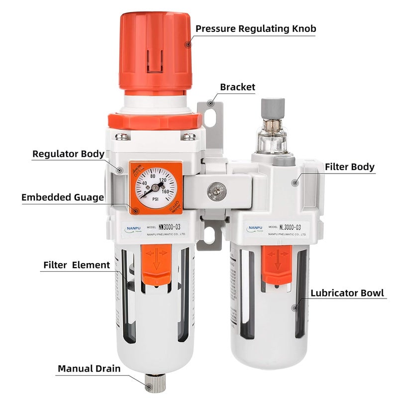 NANPU 3/8" NPT Embedded Gauge Compressed Air Filter, Regulator＆Lubricator Combo Water/Oil Trap Separator - 0-180 psi Gauge, Semi-Auto Drain,Poly Bowl, Metal Bracket - 3 in 1 Two Unit - Image 2