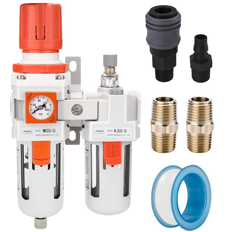 NANPU 3/8" NPT Embedded Gauge Compressed Air Filter, Regulator＆Lubricator Combo Water/Oil Trap Separator - 0-180 psi Gauge, Semi-Auto Drain,Poly Bowl, Metal Bracket - 3 in 1 Two Unit - Image 1