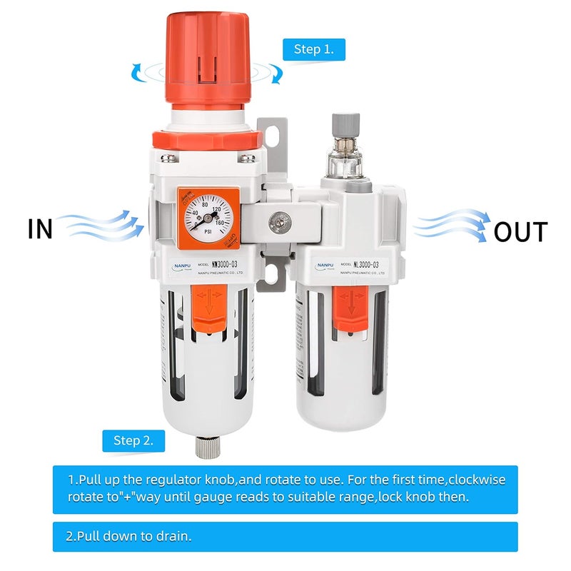 NANPU 3/8" NPT Embedded Gauge Compressed Air Filter, Regulator＆Lubricator Combo Water/Oil Trap Separator - 0-180 psi Gauge, Semi-Auto Drain,Poly Bowl, Metal Bracket - 3 in 1 Two Unit - Image 4