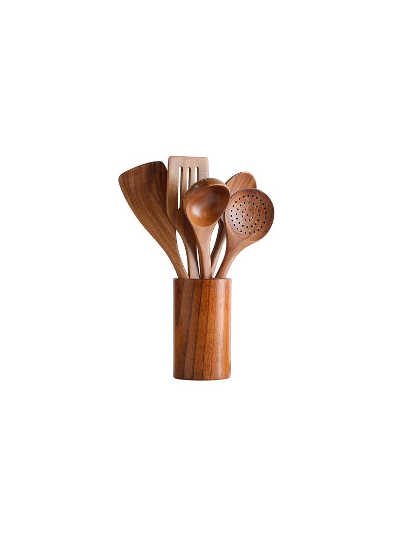 XICEN Wooden Spoons for Cooking,Cooking Utensils Set of 6 Natural Teak Wooden Cooking Spatulas with Utensils Holder Comfort Grip Wooden Kitchen Utensils for Nonstick Cookware. - Image 1