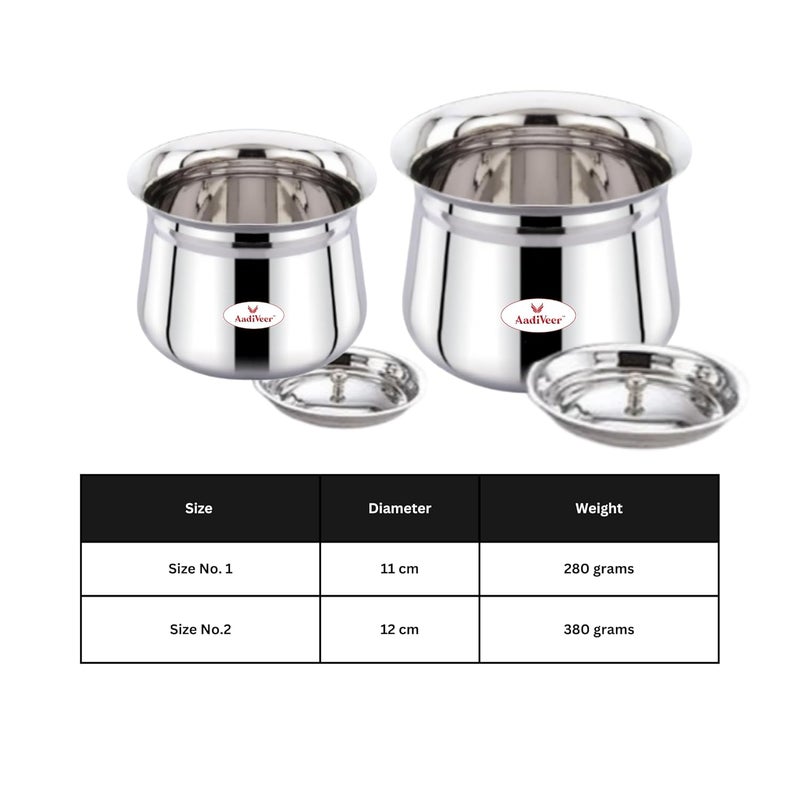 AadiVeer Stainless Steel High Polished Steel Handi Milk Pot Steel Pot Dahi Handi Biryani Pot with Lid Knob Set of 2 450ml 900ml - Image 3