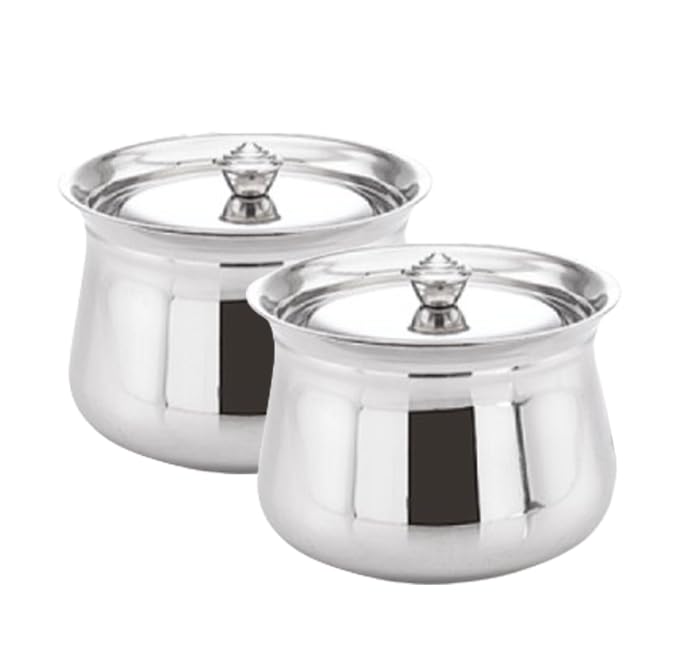 AadiVeer Stainless Steel High Polished Steel Handi Milk Pot Steel Pot Dahi Handi Biryani Pot with Lid Knob Set of 2 450ml 900ml - Image 1