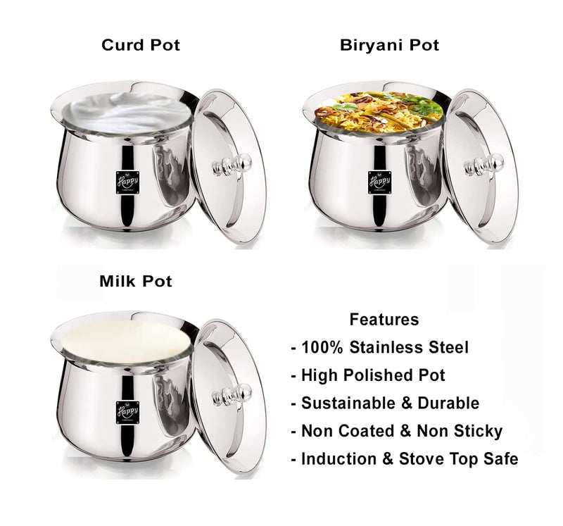 AadiVeer Stainless Steel High Polished Steel Handi Milk Pot Steel Pot Dahi Handi Biryani Pot with Lid Knob Set of 2 450ml 900ml - Image 4