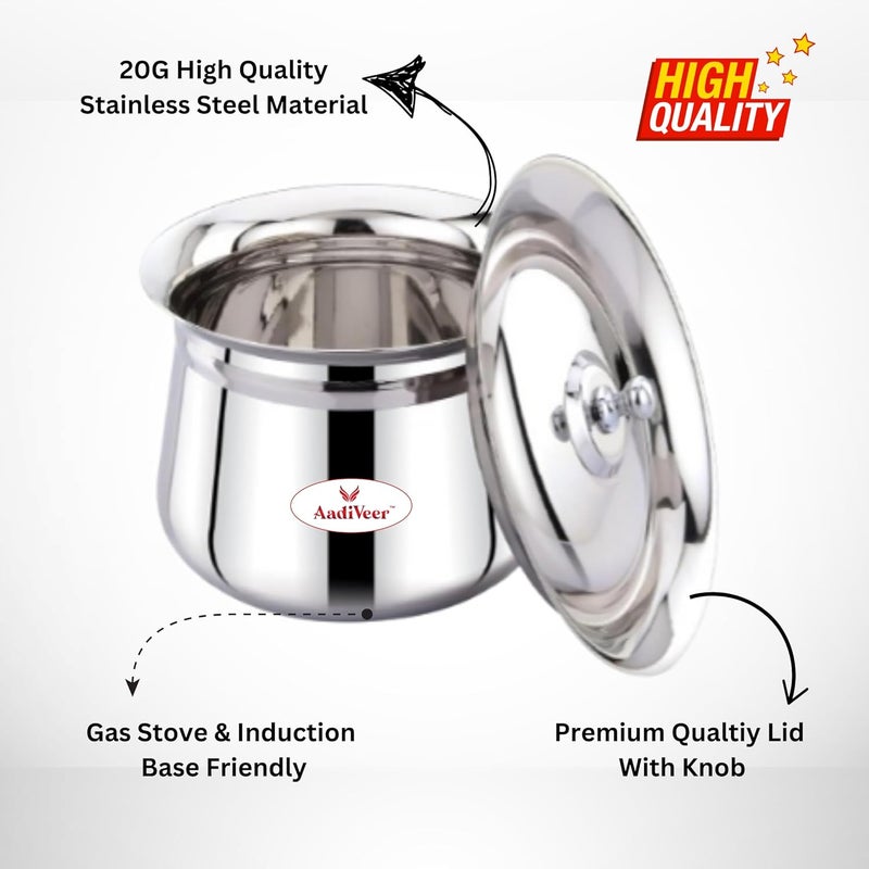 AadiVeer Stainless Steel High Polished Steel Handi Milk Pot Steel Pot Dahi Handi Biryani Pot with Lid Knob Set of 2 450ml 900ml - Image 2