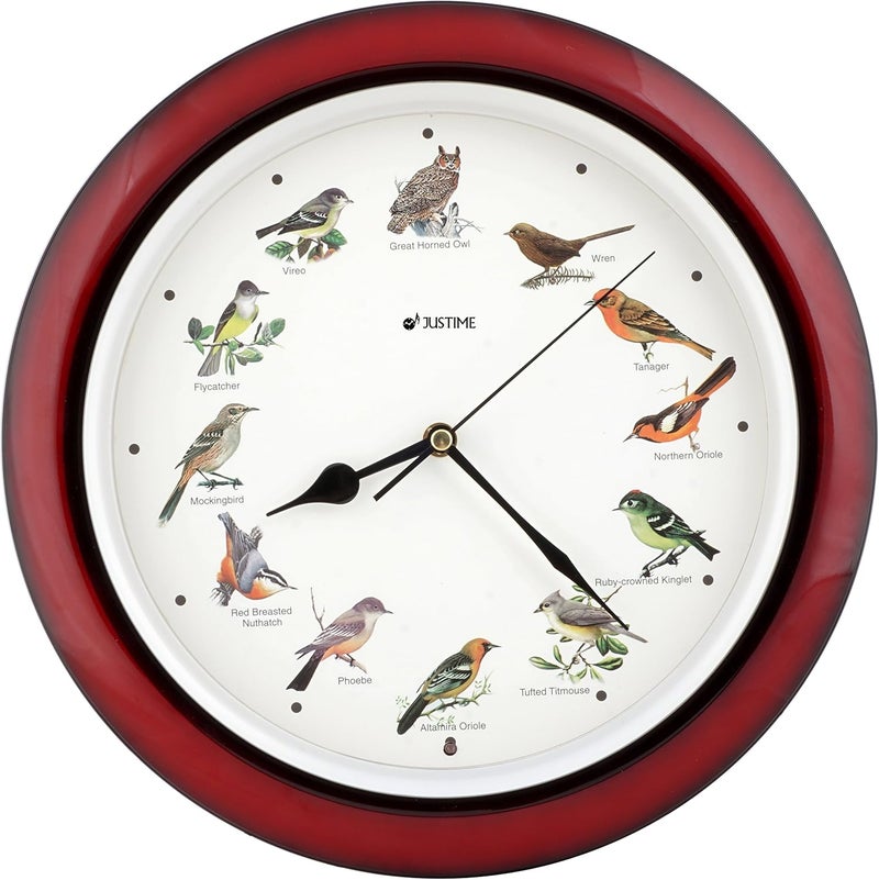 JUSTIME Lovely Collection 14-inch Plays 12 Popular North American Bird's Songs Wall Clock Mantel Clock Home Deco Multicolor(TCBD-OWL-R Dark Red) - Image 1