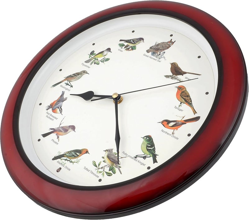 JUSTIME Lovely Collection 14-inch Plays 12 Popular North American Bird's Songs Wall Clock Mantel Clock Home Deco Multicolor(TCBD-OWL-R Dark Red) - Image 2