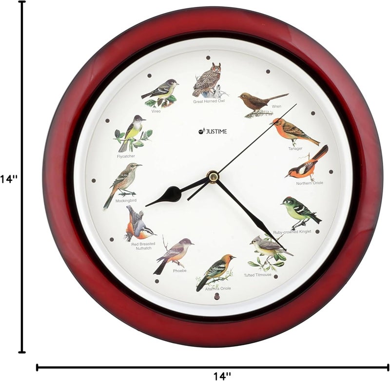 JUSTIME Lovely Collection 14-inch Plays 12 Popular North American Bird's Songs Wall Clock Mantel Clock Home Deco Multicolor(TCBD-OWL-R Dark Red) - Image 3