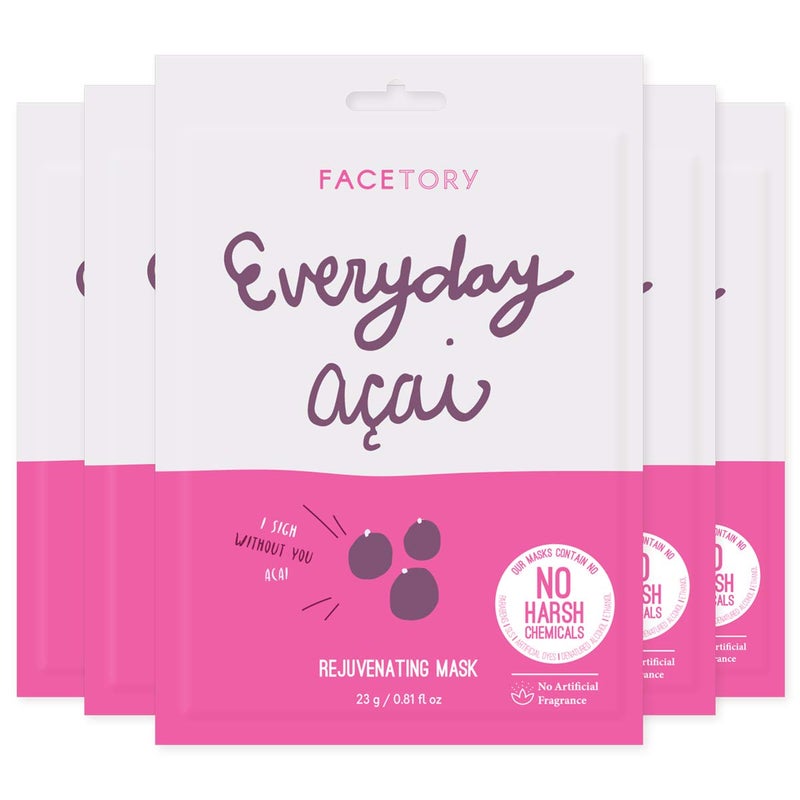 FACETORY K Beauty Face Mask Skin Care  Everyday ACAI Rejuvenating Sheet Mask  PlantBased with Acai Infusion 5 Pack