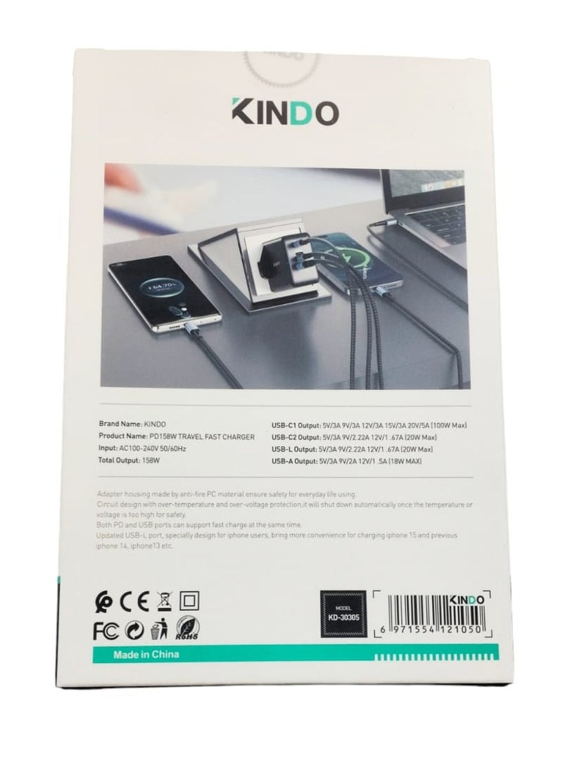 كيندو شاحن حائط يونيفرسال بقوة 158 وات (2 منفذ Type-C + منفذ USB + منفذ iPhone) - Image 3