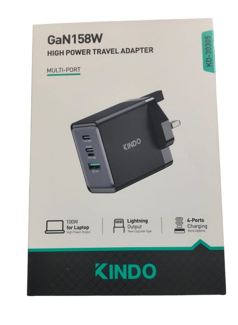 كيندو شاحن حائط يونيفرسال بقوة 158 وات (2 منفذ Type-C + منفذ USB + منفذ iPhone) - Image 2