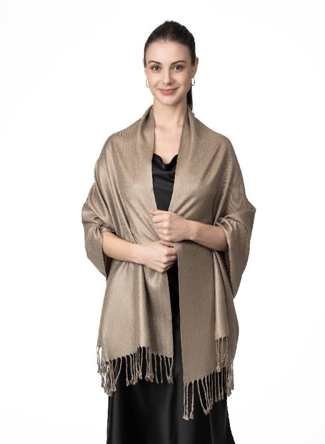Achillea Large Soft Silky Pashmina Shawl Wrap Scarf in Solid Colors (Taupe) - Image 1