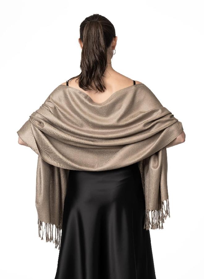 Achillea Large Soft Silky Pashmina Shawl Wrap Scarf in Solid Colors (Taupe) - Image 2