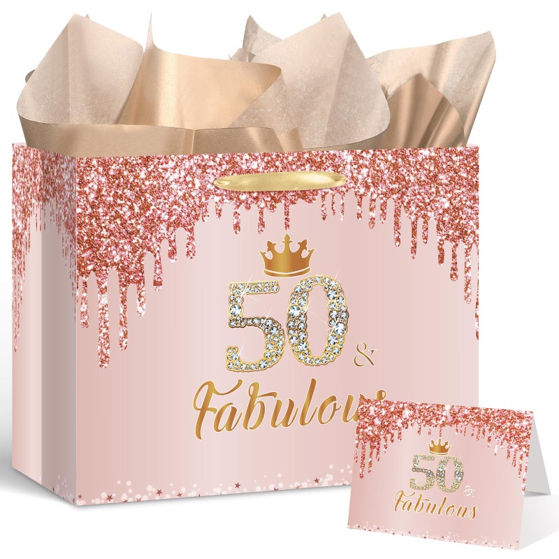 Yoirrat Rose Gold 50 and Fabulous 50th Birthday Gift Bag for Women Large Pink Happy 50th Birthday Gift Bag with Wrapping Paper and Card for 50th Fifty Bday Decorations Party Supplies - Image 1