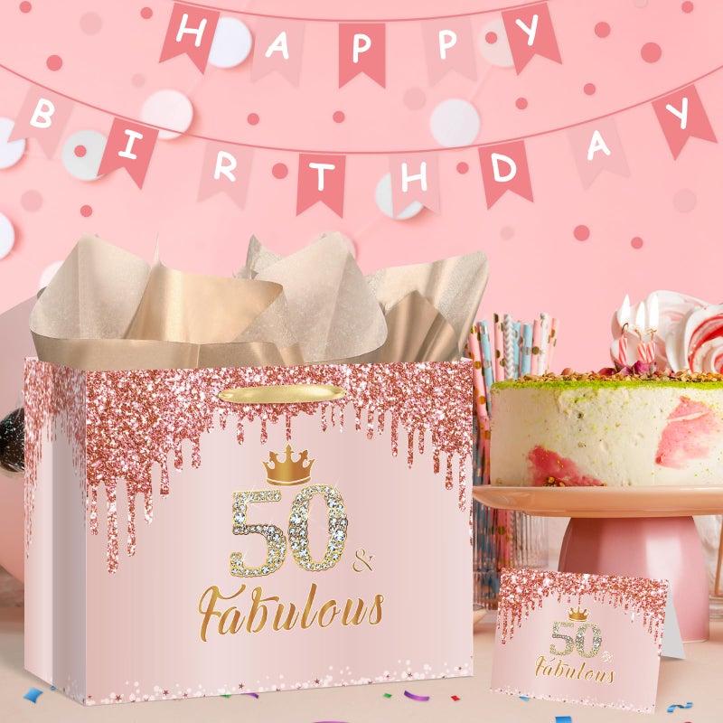 Yoirrat Rose Gold 50 and Fabulous 50th Birthday Gift Bag for Women Large Pink Happy 50th Birthday Gift Bag with Wrapping Paper and Card for 50th Fifty Bday Decorations Party Supplies - Image 2