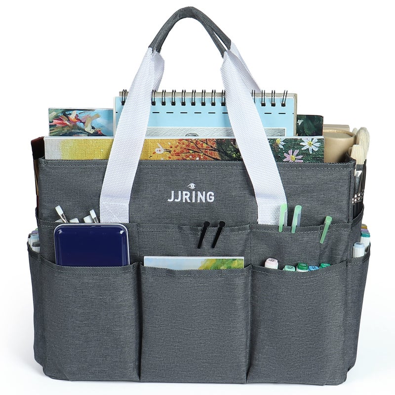 JJRING JJRING Craft Organizer Tote Bag Large Art Storage Caddy with Multiple Pockets Gray Sewing Bag for Art Craft Scrapbooking School Medical and Office Supplies Storage 