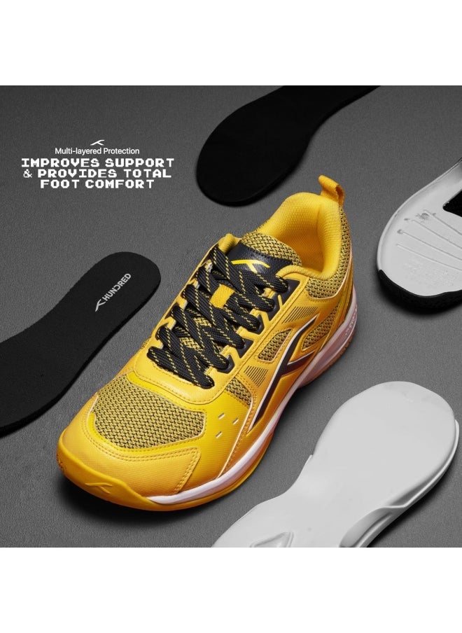 HUNDRED Raze Badminton Shoes (Non Marking) | Lightweight & Durable | X-Cushion, Active Grip Sole, Toe Assist(Yellow/Dk Grey, 11 Uk)  - Image 2