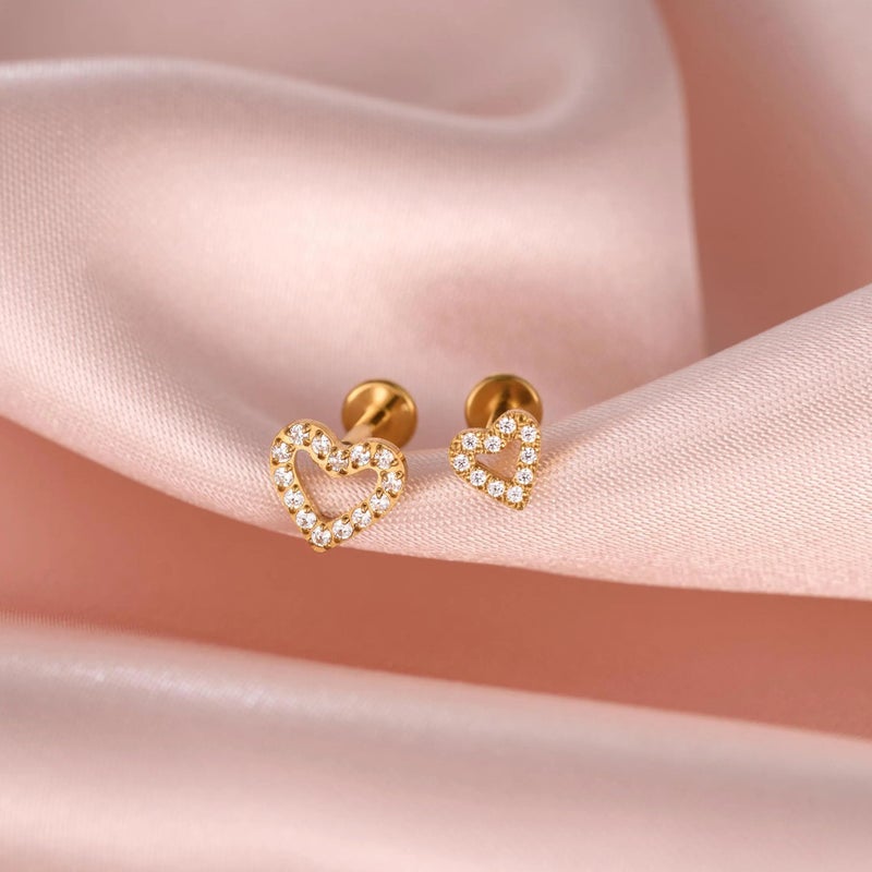 ShineRose Flat Back Stud Cartilage Tragus Helix Nose Piercing Earrings Jewelry For Women Conch Threadless 18G Titanium Surgical Steel Hypoallergenic 14K Gold plated CZ Silver Small Tiny Studs (Gold-16G(Threadless), Heart (6mm*1+8mm*1)) - Image 5
