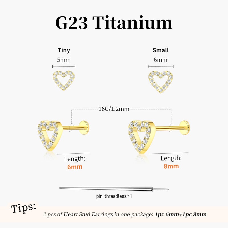 ShineRose Flat Back Stud Cartilage Tragus Helix Nose Piercing Earrings Jewelry For Women Conch Threadless 18G Titanium Surgical Steel Hypoallergenic 14K Gold plated CZ Silver Small Tiny Studs (Gold-16G(Threadless), Heart (6mm*1+8mm*1)) - Image 2