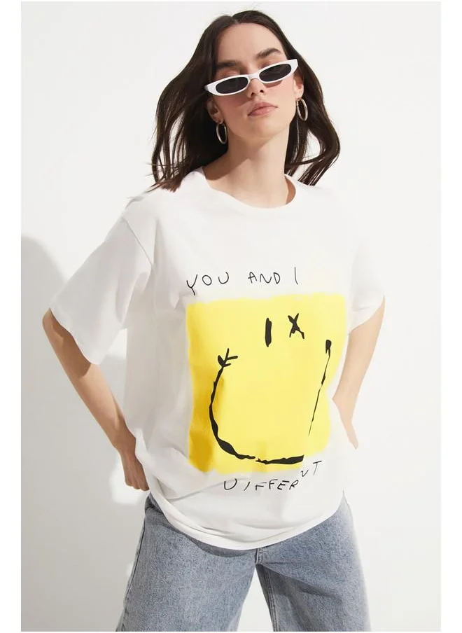 JUNE June Printed 100% Cotton T-Shirt White