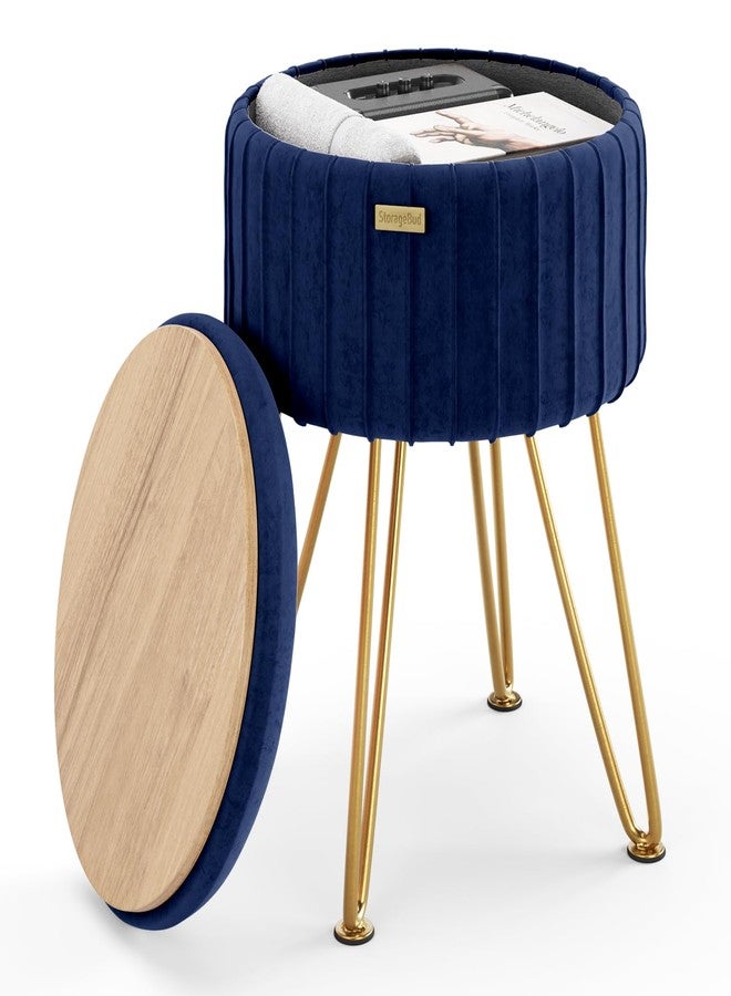STORAGEBUD Round Ottoman with Storage, Pleated Velvet Storage Ottoman, Foot Stool Ottomans, Makeup Vanity Stool, Small Ottomans Foot Rest, Modern Vanity Stools for Living Room and Bedroom, Blue - Image 1