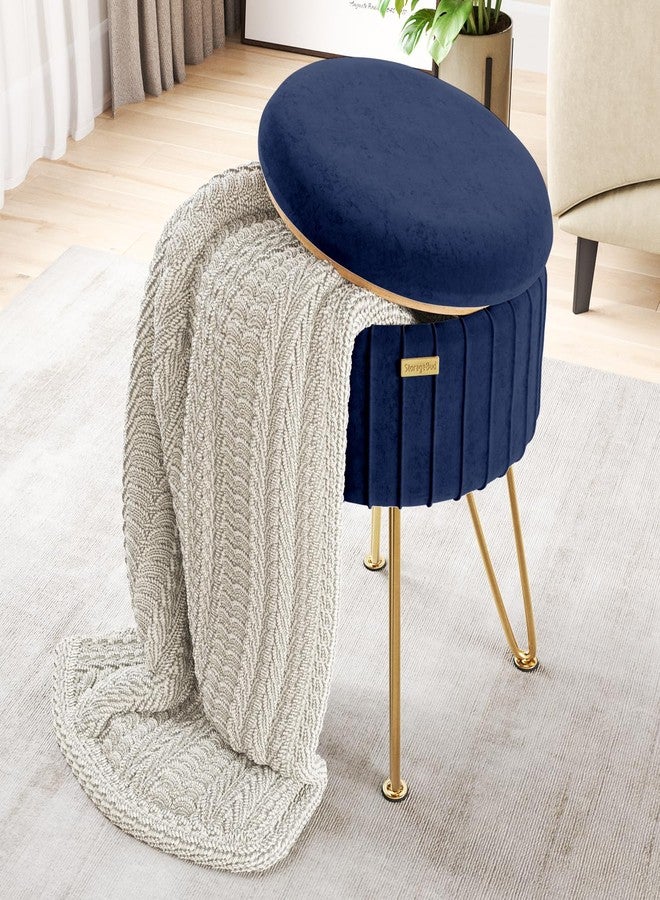 STORAGEBUD Round Ottoman with Storage, Pleated Velvet Storage Ottoman, Foot Stool Ottomans, Makeup Vanity Stool, Small Ottomans Foot Rest, Modern Vanity Stools for Living Room and Bedroom, Blue - Image 2