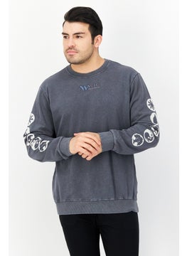 Men Crew Neck Long Sleeve Graphic Print Sweatshirt, Dark Grey