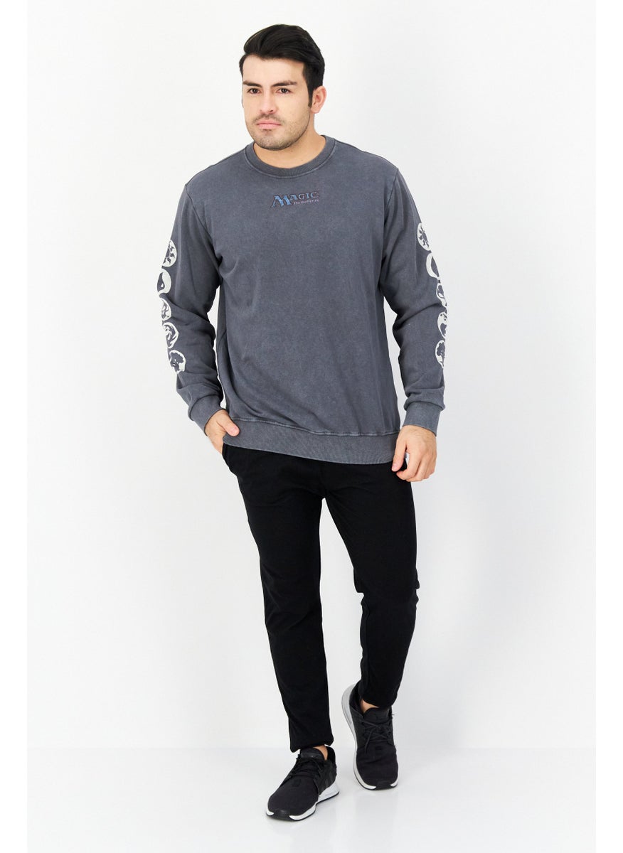 DIFUZED - Men Crew Neck Long Sleeve Graphic Print Sweatshirt, Dark Grey - Image 1