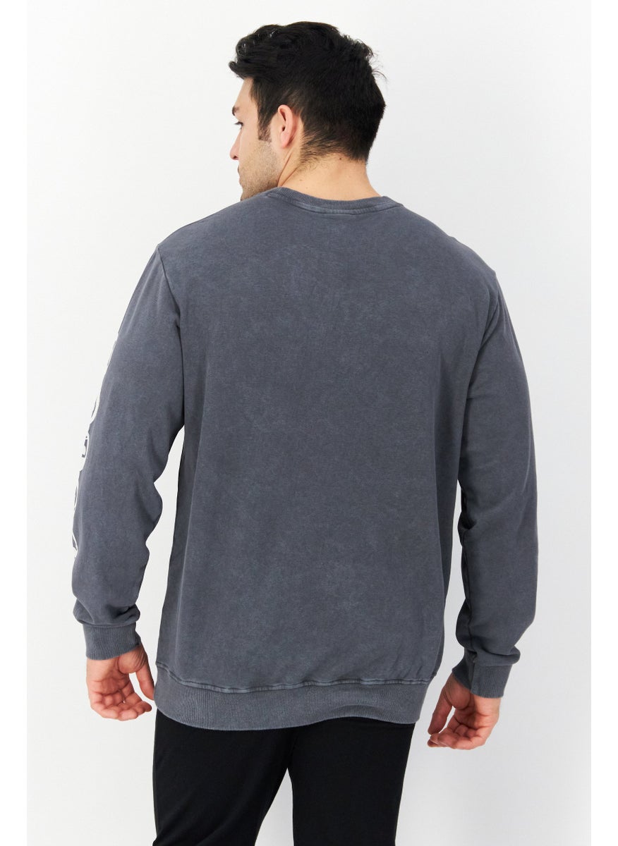 DIFUZED - Men Crew Neck Long Sleeve Graphic Print Sweatshirt, Dark Grey - Image 1