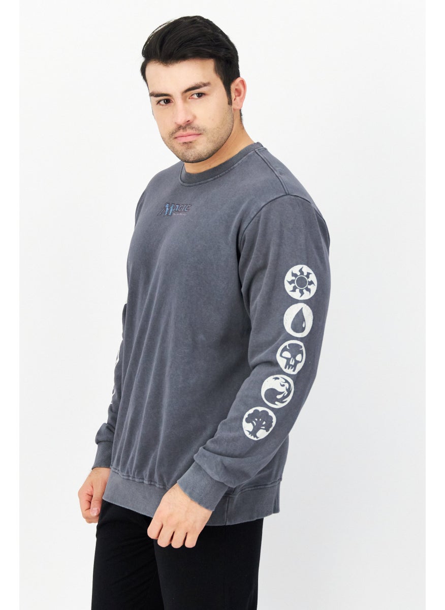 DIFUZED - Men Crew Neck Long Sleeve Graphic Print Sweatshirt, Dark Grey - Image 1