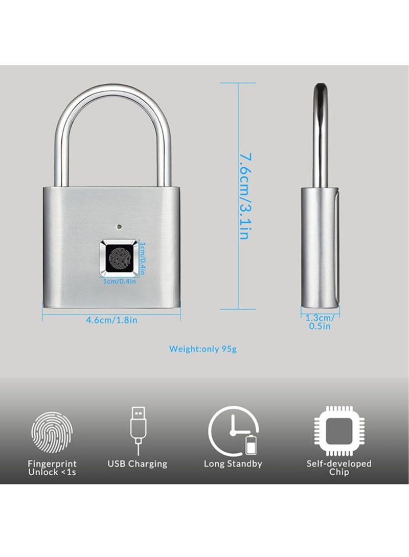 Kerui Smart Fingerprint Padlock, Keyless Usb Charging Fingerprint Lock, Waterproof Fast Unlocking Biometric Thumbprint Lock,  Portable Anti Theft Door Lock For Home Office, (1pc, Silver)  - Image 4