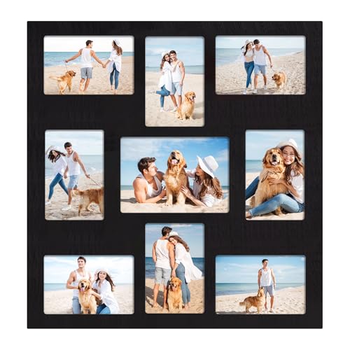 YESKAY Picture Frame Collage for 4x6 and 5x7 Photos - 9 Openings Rustic Black Picture Frame with Real Glass,Family Picture Frames Wall Decor 1 Pack - Image 1