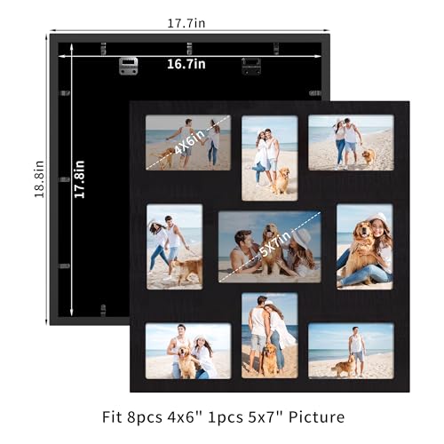 YESKAY Picture Frame Collage for 4x6 and 5x7 Photos - 9 Openings Rustic Black Picture Frame with Real Glass,Family Picture Frames Wall Decor 1 Pack - Image 2