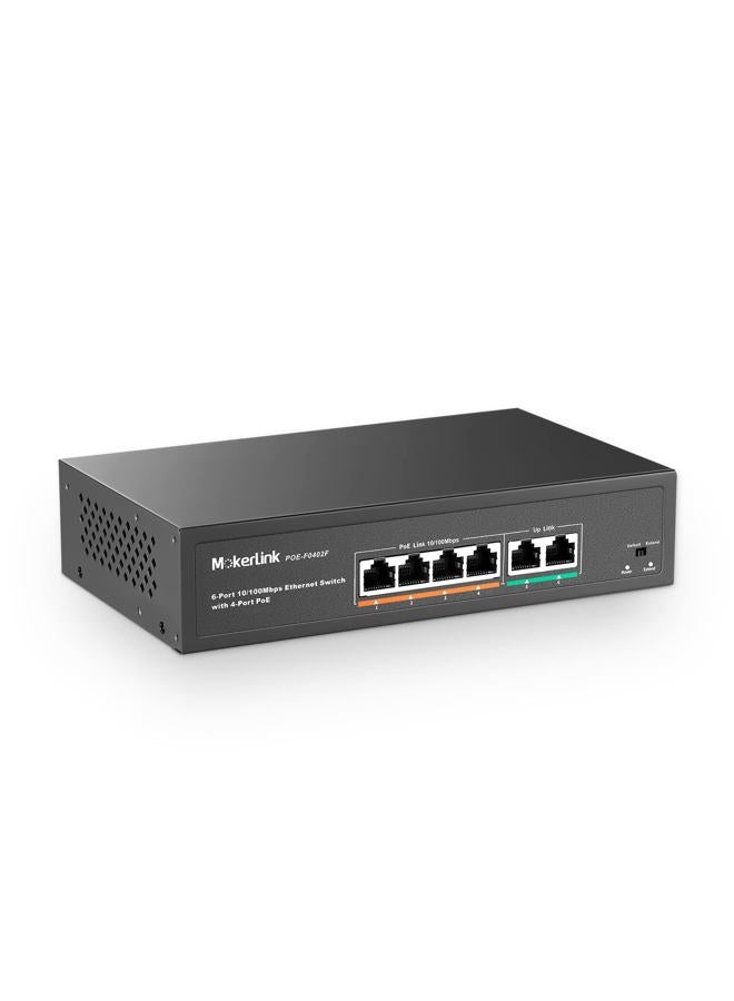 MokerLink 6 Port PoE Switch with 4 Ports PoE+, 2 Fast Ethernet Uplink, 10/100Mbps, 78W High Power, Support IEEE802.3af/at, Fanless Metal Plug & Play PoE+ Network Switch - Image 1