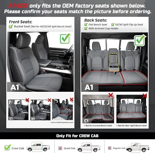 Carlimeki Premium Faux Leather Seat Covers Custom Fit for Dodge RAM 1500 (2019-2026) Crew Cab - Fully Covered, Fit Like a Glove - Armrest Covers Include - (A1 Size, Confirm with Fitment Guide Before Order) - Image 2