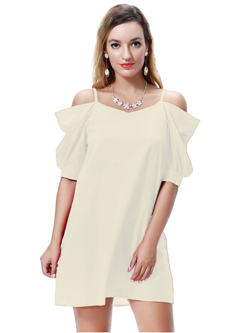 Loquat - Women's Solid Color Off-Shoulder Mini Slip Dress Beige - Image 1