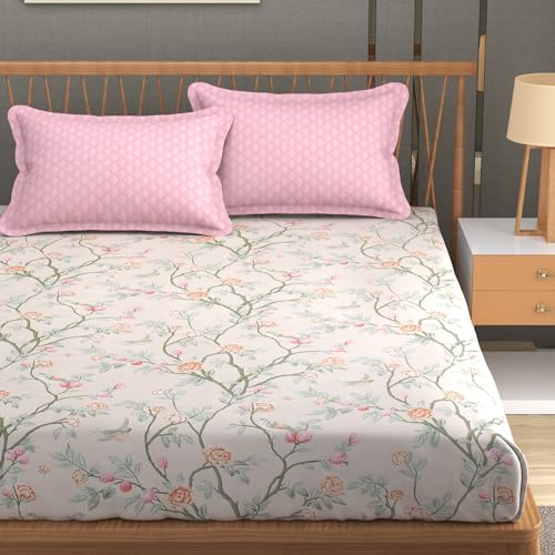 FRESH FROM LOOM Floral XXL Microfiber Soft Cotton King Size Bedsheet for Double Bed 2 Pillow Cover | 240 TC King Size Soft Bed Sheet |Hypoallergenic Anti Fade Bed Cover (108x108 inches, Oyster-Pink) - Image 1