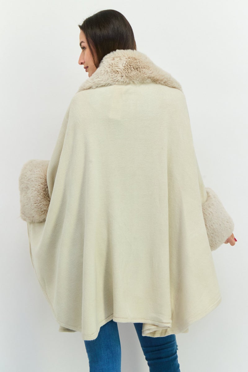ADRIENNE VITTADINI Women Split Neck Faux Fur Poncho, Beige  - Image 3