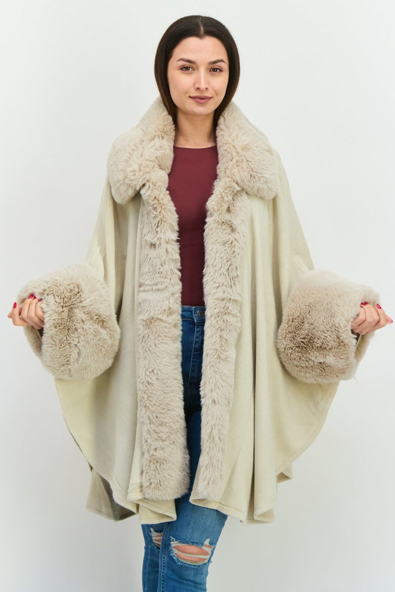 ADRIENNE VITTADINI Women Split Neck Faux Fur Poncho, Beige  - Image 1