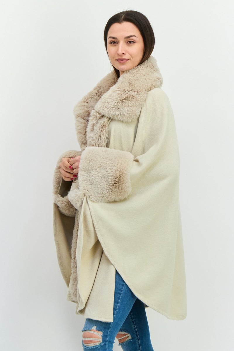 ADRIENNE VITTADINI Women Split Neck Faux Fur Poncho, Beige  - Image 2