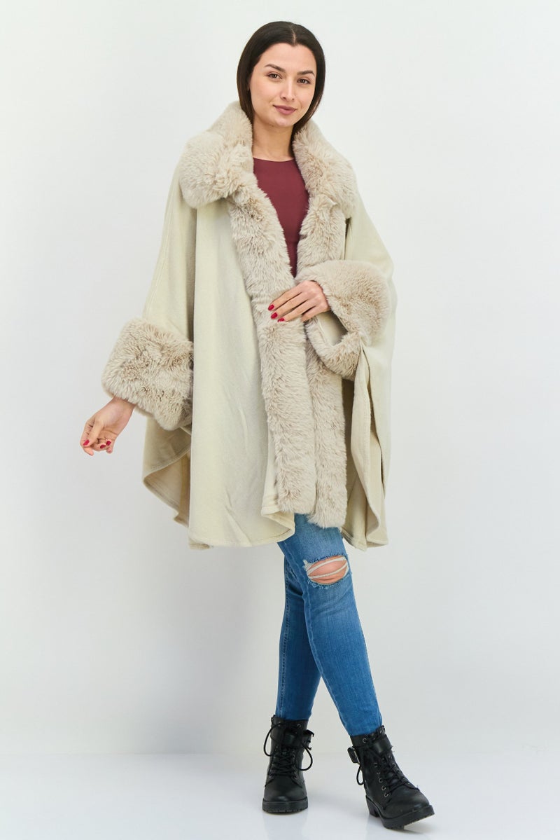 ADRIENNE VITTADINI Women Split Neck Faux Fur Poncho, Beige  - Image 4