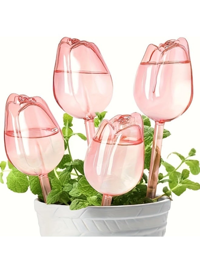 Bukela 4 Pcs Plant Watering Globes, Automatic Drip Irrigation with Terracotta Spikes, Tulip Shaped Self Watering Bulbs for Indoor & Outdoor Plants, Watering Devices for Home Garden Plant Decor (Pink) - Image 1