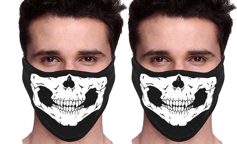 PrimeBox Men Pro Cotton Fabric Bike Riding Washable Reusable Dust Protection Cover Face Mask for Men Women Balaclava Neck Gaiter Pack of 2pcs mask (Mask-Ninja-Skull-White-2pcs) Black - Image 1