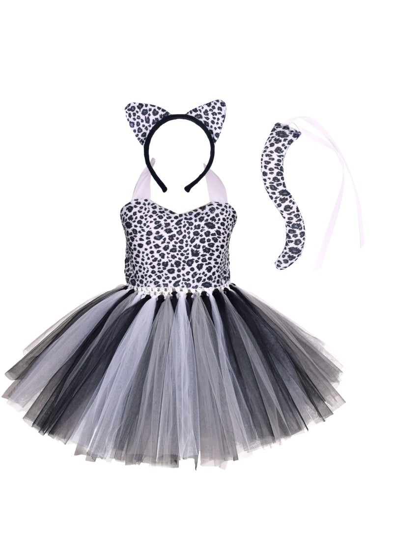 Leopard Cheetah Costume Set 3pcs Girls Jungle Themed Tutu Skirt Bowtie Headband Tail Dress Up for Animal Cosplay Birthday Party - Image 1