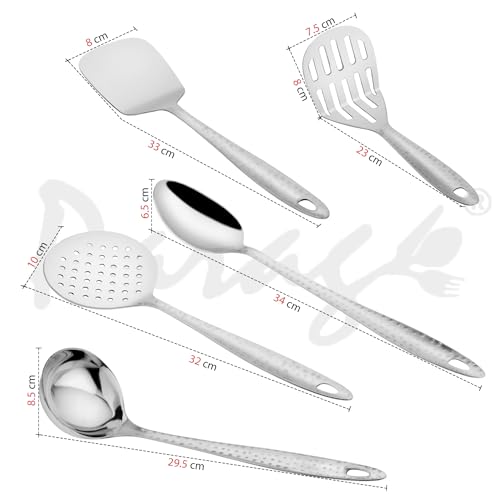 Parage 5 Pieces Stainless Steel Hammered Kitchen Tool Set for Cooking, Cooking Spoons Set, 13 inches, Silver (Contains: 1 Ladle, 1 Skimmer,1 Turner, 1 Spatula, 1 Potato Masher), Silver - Image 3