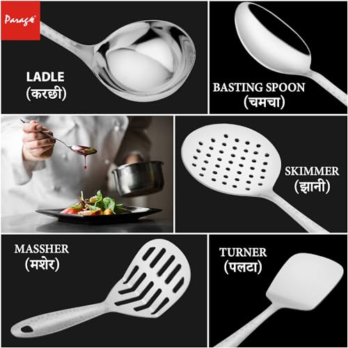 Parage 5 Pieces Stainless Steel Hammered Kitchen Tool Set for Cooking, Cooking Spoons Set, 13 inches, Silver (Contains: 1 Ladle, 1 Skimmer,1 Turner, 1 Spatula, 1 Potato Masher), Silver - Image 2