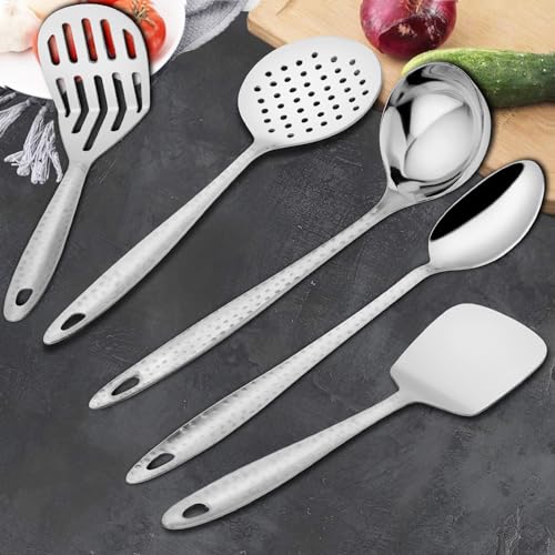 Parage 5 Pieces Stainless Steel Hammered Kitchen Tool Set for Cooking, Cooking Spoons Set, 13 inches, Silver (Contains: 1 Ladle, 1 Skimmer,1 Turner, 1 Spatula, 1 Potato Masher), Silver - Image 4