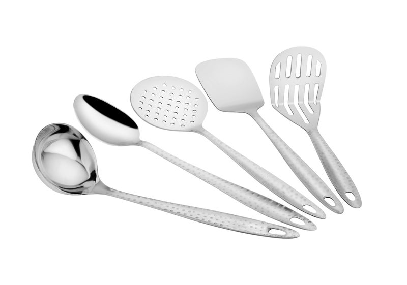 Parage 5 Pieces Stainless Steel Hammered Kitchen Tool Set for Cooking, Cooking Spoons Set, 13 inches, Silver (Contains: 1 Ladle, 1 Skimmer,1 Turner, 1 Spatula, 1 Potato Masher), Silver - Image 1