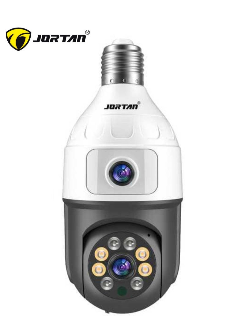 جورتان كاميرا لمبة مزدوجة العدسات بدقة 4+4 ميجابكسل، IP44، رؤية ليلية كاملة الألوان، صوت ثنائي الاتجاه، كشف الحركة، تتبع الحركة، تحكم PTZ، تسجيل لمدة 24 ساعة - Image 1