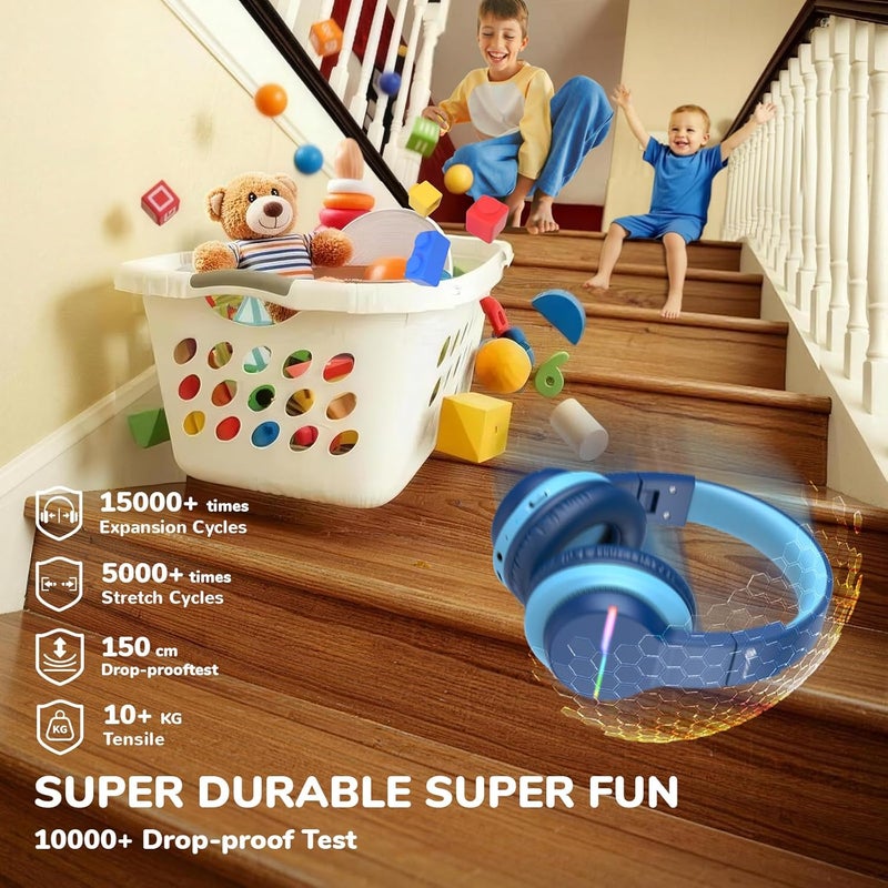 iClever Repeated use resistant selected material BTH12 Kids Bluetooth Headphones,Colorful LED Lights Kids Headphones Wireless,74/85dBA Safe Volume,85H Playtime,Fast Charging,Bluetooth 5.2,Over Ear,Built-in Mic for iPad/Tablet/Airplane,Blue Labor saving optimized design - Image 4