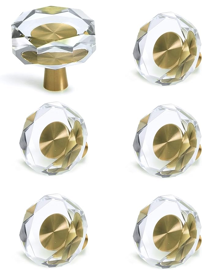 PROMASS promass Knobs for Cabinet, Satin Brass Crystal Gold Cabinet Knobs Vintage, Glass Knobs and Pulls for Dresser Drawer, Kitchen Bathroom (6 Pcs) - Image 1